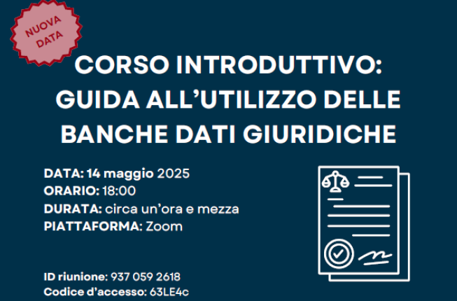 Collegamento a 14 maggio 2025 ore 18:00 - Corso introduttivo: guida all'utilizzo delle banche dati giuridiche