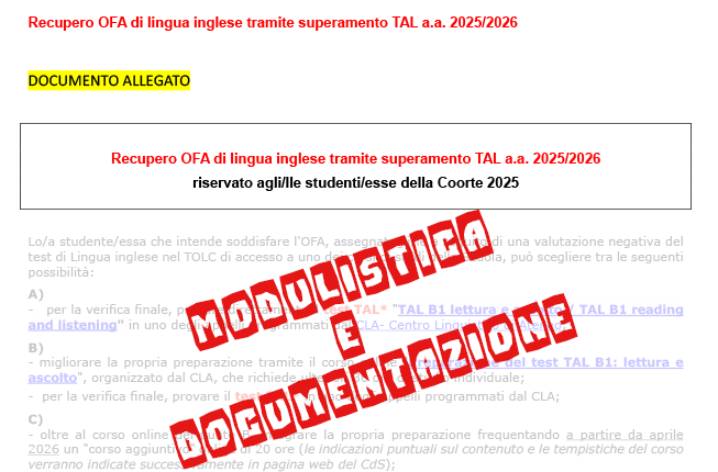 Collegamento a Recupero OFA di lingua inglese tramite superamento TAL a.a. 2025/2026